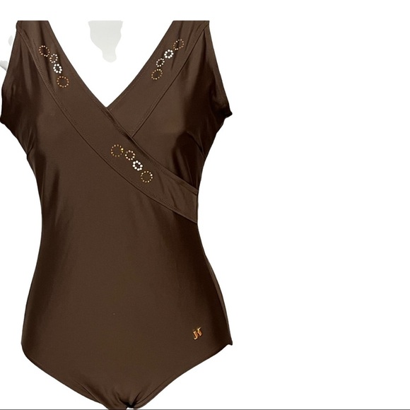 Janine Robin Swarovski Jeweled French One-Piece Swimsuit Sz 10 Brown Low-Back - Picture 3 of 7